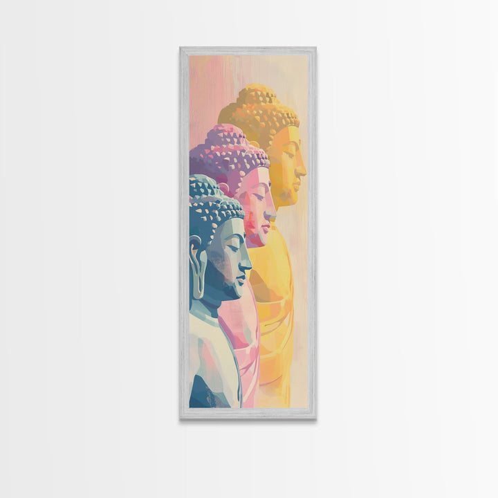 Colorful Buddha Statues Skinny Art Wood Block Print Japanese Style Art Framed Canvas Print Tall Art Ukiyo-e Art