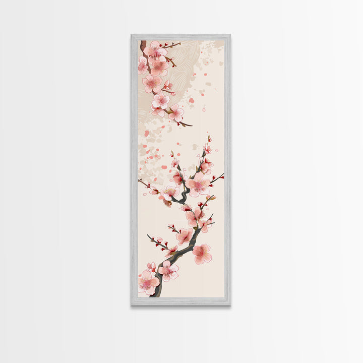 Cherry Blossom Branches On Canvas In Japanese Ukiyo-e Style, Traditional Woodblock Print, Framed Canvas Print, Tall Skinny Japanese Wall Art, Ready To Hang