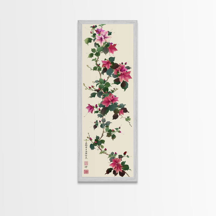 Pink Hibiscus Flowers On Branch Skinny Art Wood Block Print Japanese Style Art Framed Canvas Print Tall Art Ukiyo-e Art