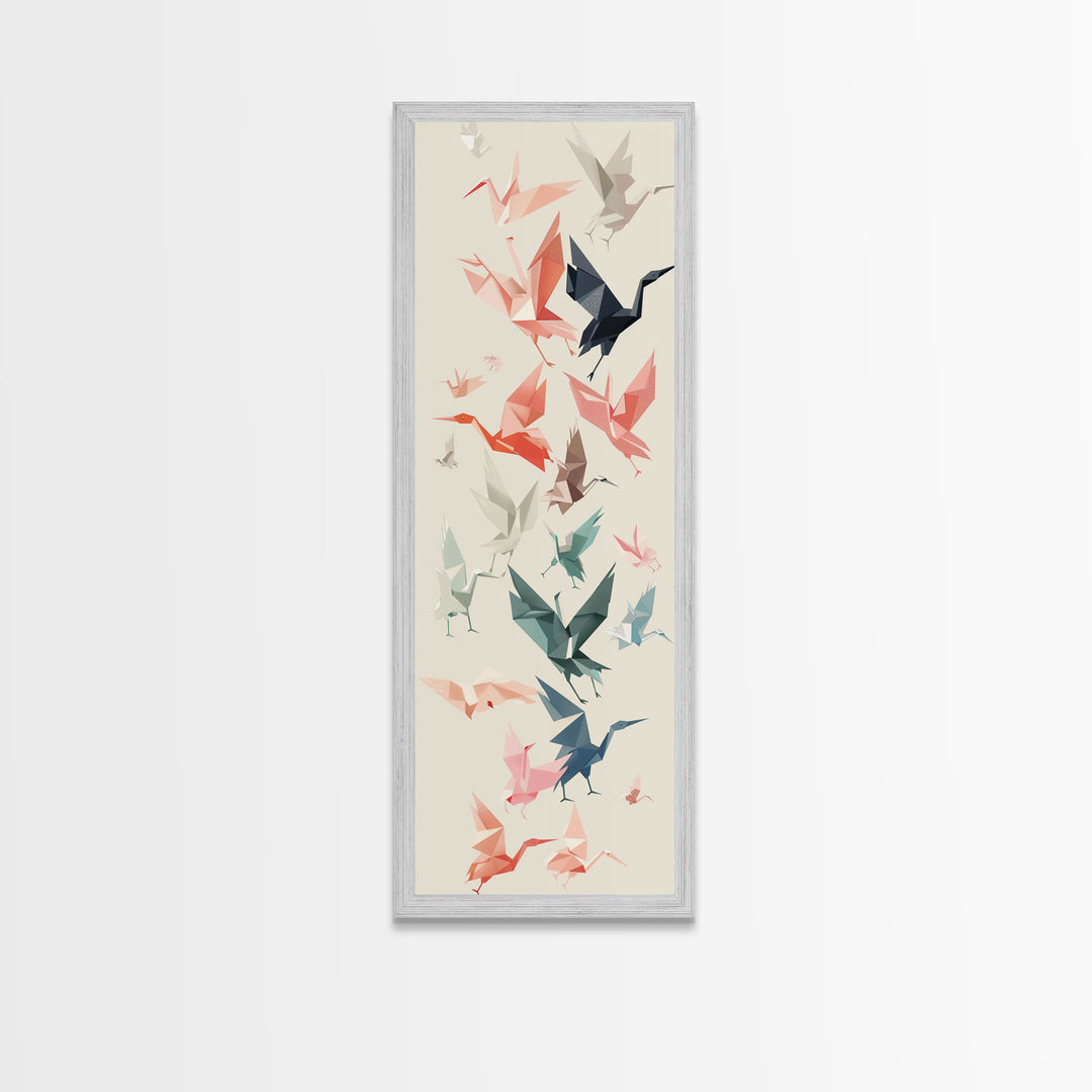 Origami Crane Birds Skinny Art Tall Art Japanese Ukiyo-e Inspired Framed Canvas Print Perfect for Modern Minimalist Spaces