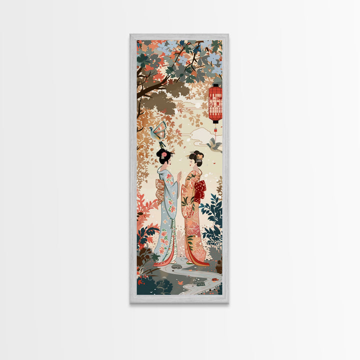 Traditional Geishas Skinny Art Tall Art Japanese Ukiyo-e Inspired Framed Canvas Print for Elegant Home and Office Decor
