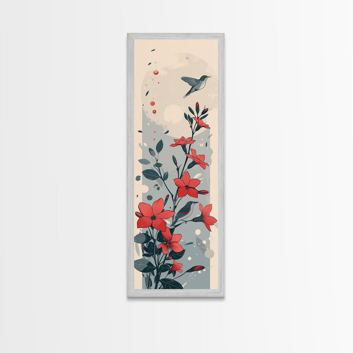 Hummingbird and Red Flowers Skinny Art Tall Art Japanese Ukiyo-e Inspired Nature Framed Canvas Print for Vibrant Interiors