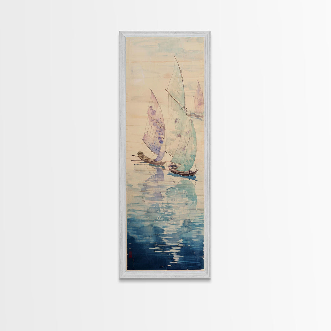 Sailboats On Calm Sea Canvas In Japanese Ukiyo-e Style, Traditional Woodblock Print, Framed Canvas Print, Tall Skinny Japanese Wall Art, Ready To Hang