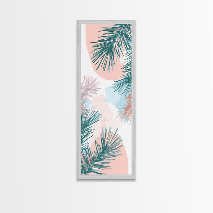 Elegant Pine Branches on Soft Pastel Background - Skinny Art, Japanese Wall Decor, Framed Canvas Print, Ukiyo-e Style