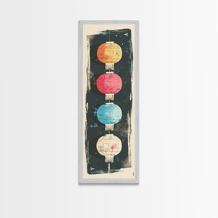 Colorful Lanterns Hanging in a Vertical Row with Abstract Background - Skinny Art, Japanese Wall Decor, Framed Canvas Print, Ukiyo-e Style