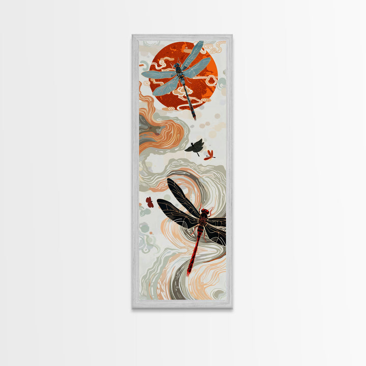 Vivid Dragonflies against Bold Red Sun with Flowing Clouds - Skinny Art, Japanese Wall Decor, Framed Canvas Print, Ukiyo-e Style