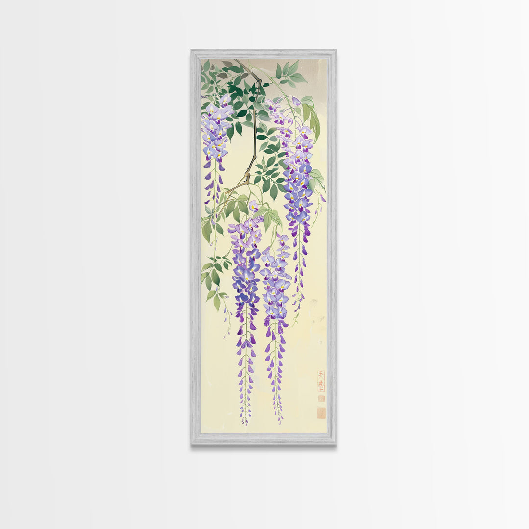 Cascading Wisteria Blossoms in Shades of Purple and Green - Skinny Art, Japanese Wall Decor, Framed Canvas Print, Ukiyo-e Style