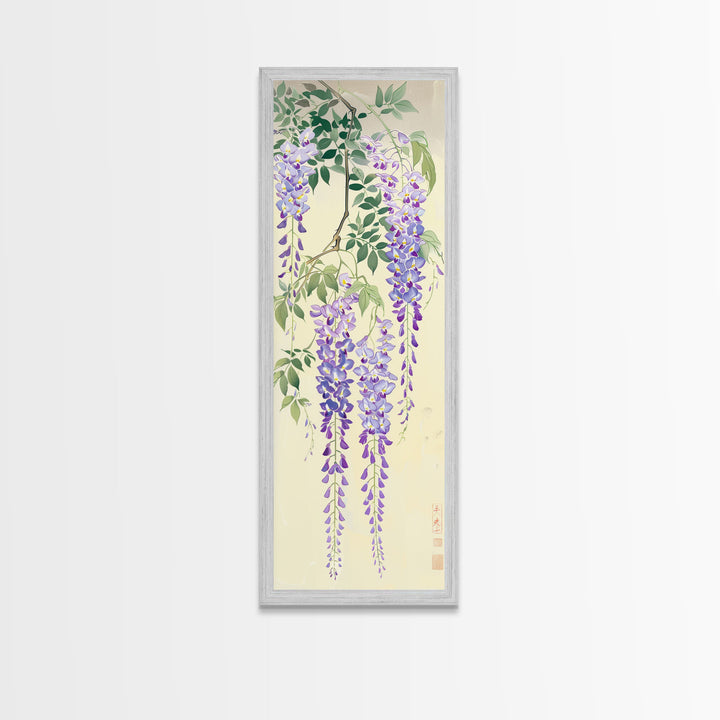 Cascading Wisteria Blossoms in Shades of Purple and Green - Skinny Art, Japanese Wall Decor, Framed Canvas Print, Ukiyo-e Style