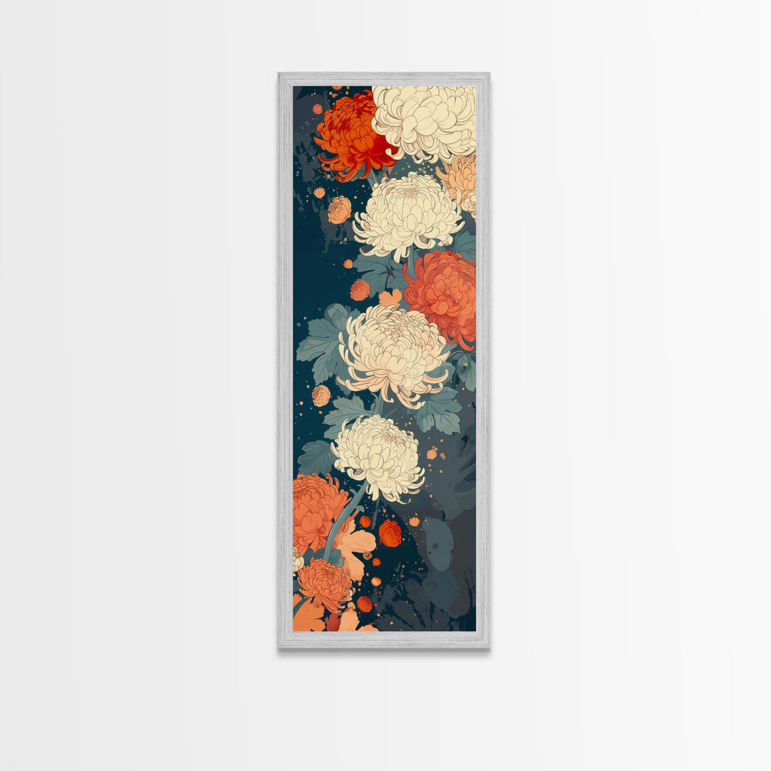 Blooming Chrysanthemums in Rich Autumn Colors - Skinny Art, Japanese Wall Decor, Framed Canvas Print, Ukiyo-e Style