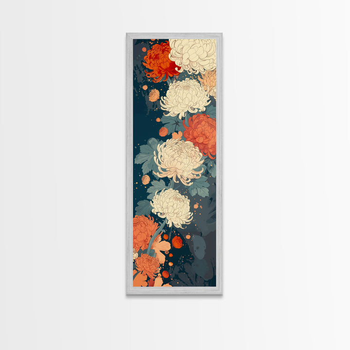 Blooming Chrysanthemums in Rich Autumn Colors - Skinny Art, Japanese Wall Decor, Framed Canvas Print, Ukiyo-e Style