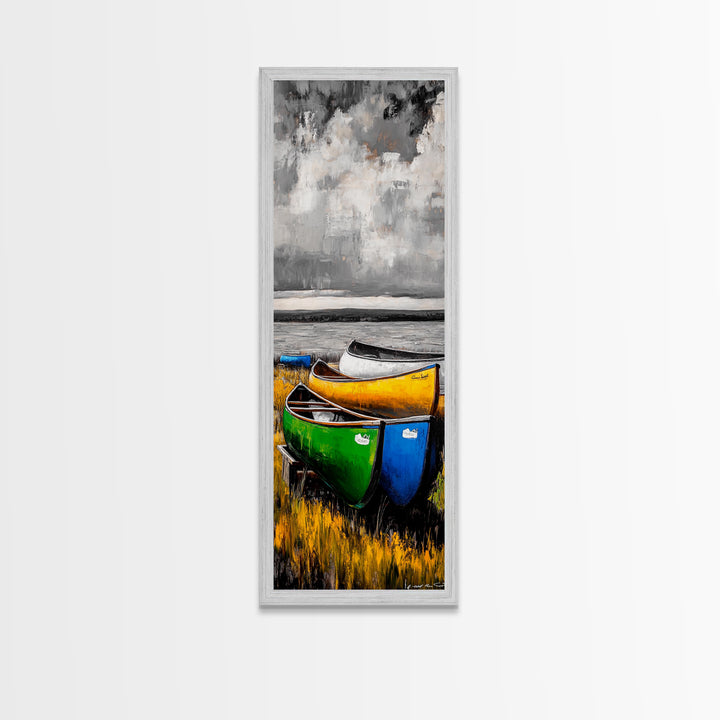 Abstract Canoe Painting Canvas Print Nautical Decor Rustic Wall Art Coastal Landscape Art Blue and Green Wall Art Tall Skinny Art