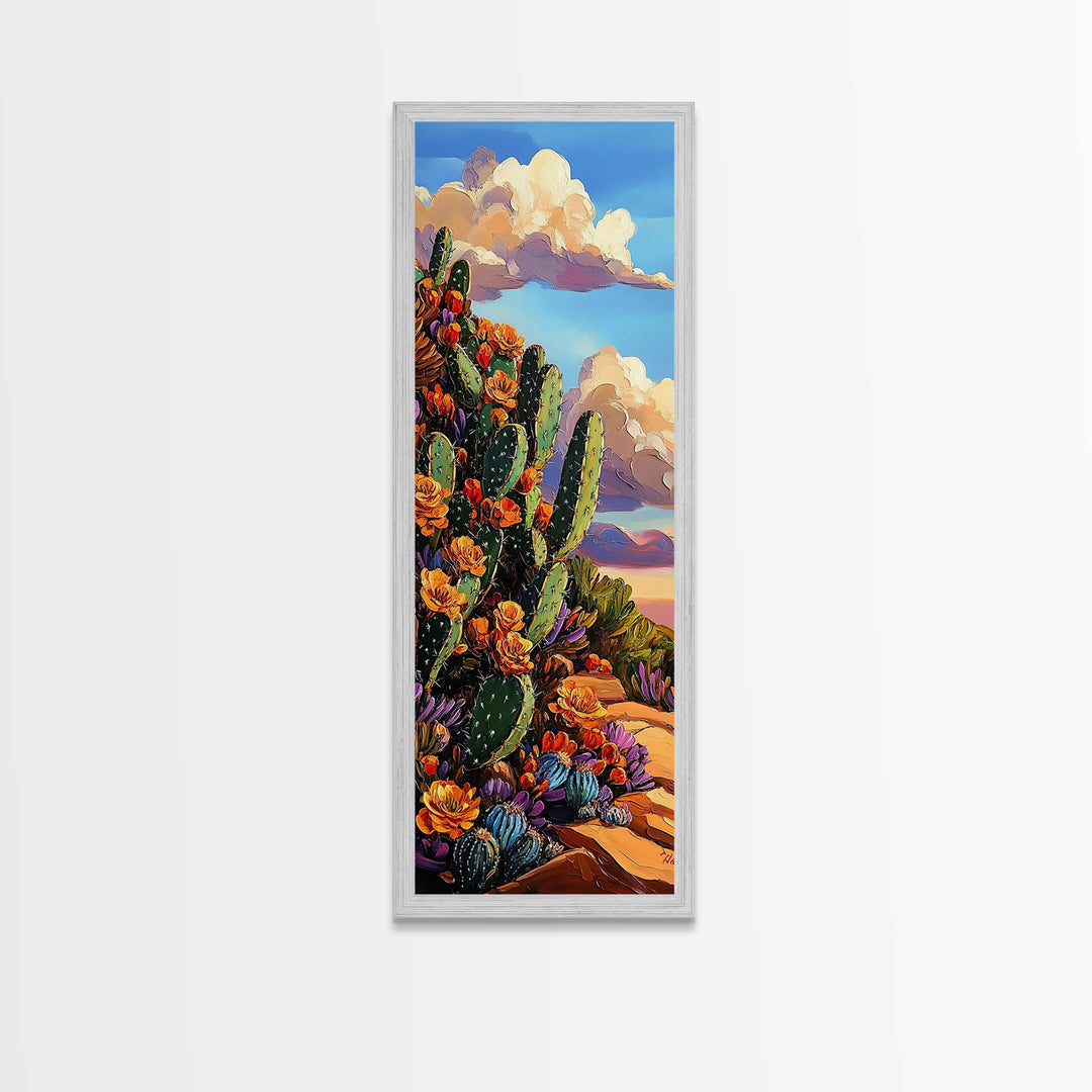 Blooming Cactus Art Framed Canvas Print Desert Floral Wall Art, Botanical Prints, Southwest Wall Art, Nature Art, Tall Narrow Art