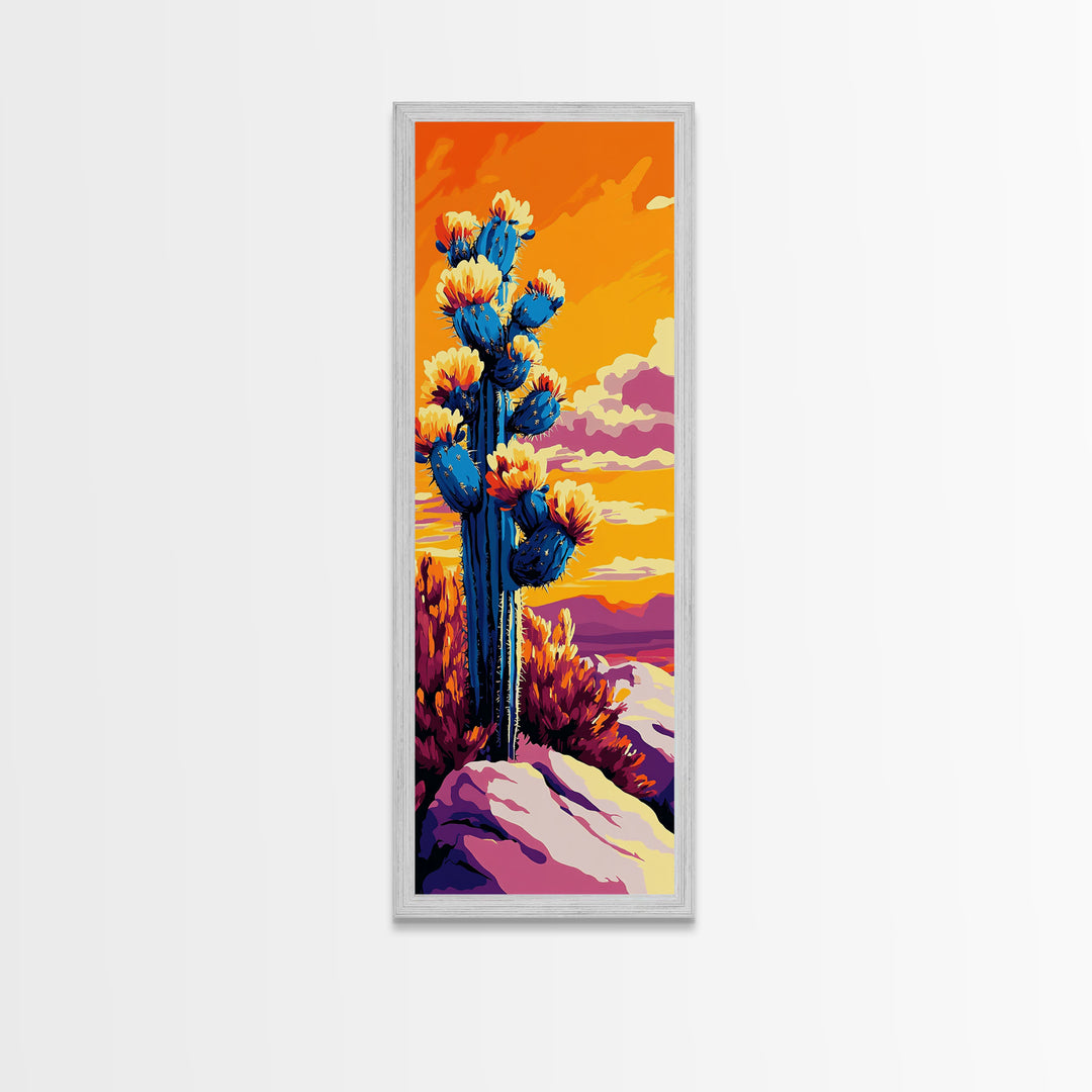Blooming Cactus Sunset Canvas Print Southwest Wall Art Botanical Prints Vibrant Desert Painting Extra Wide Art