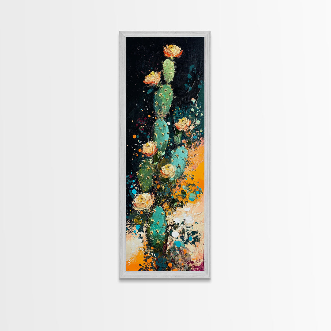 Desert Cactus Bloom Framed Canvas Print Southwest Wall Art Tall Narrow Art Rustic Decor Wildflower Painting