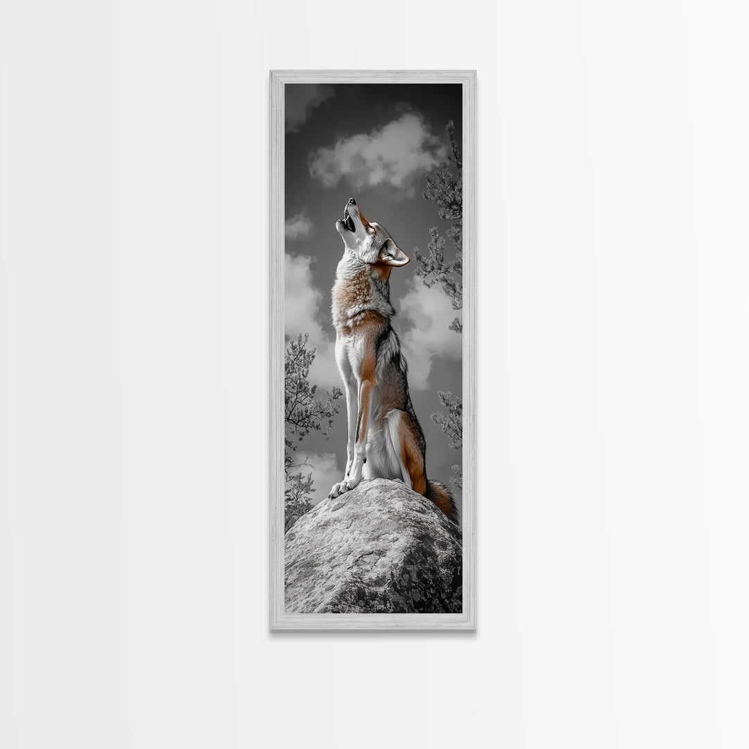 Howling Coyote on Rock Framed Canvas Print | Rustic Western Wall Art | Wildlife Painting | Moody Art | Farmhouse Decor | Gift Idea