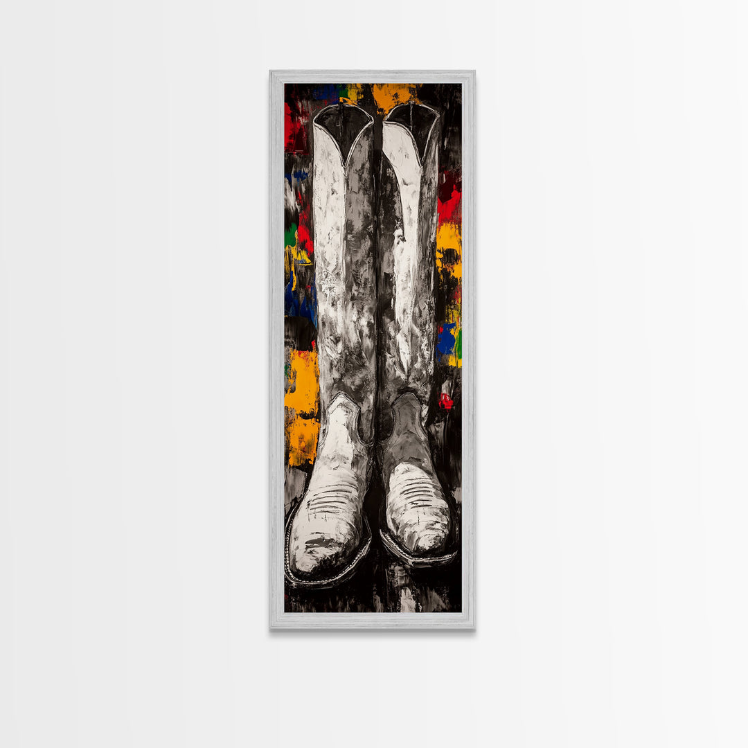 Black and White Cowboy Boots Framed Canvas Print, Rustic Wall Art, Western Art, Moody Art, Vintage Horse Art, Extra Wide Art