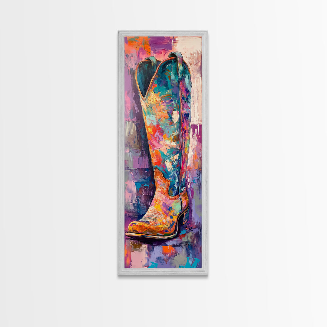 Colorful Cowboy Boot Oil Painting Framed Canvas Print, Whimsical Art, Rustic Wall Art, Extra Wide Art, Southwest Wall Art