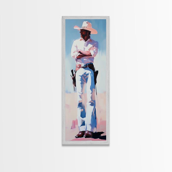 Western Cowboy in White Framed Canvas Print, Rustic Wall Art, Moody Art, Southwest Wall Art, Vintage Horse Art, Extra Wide Art