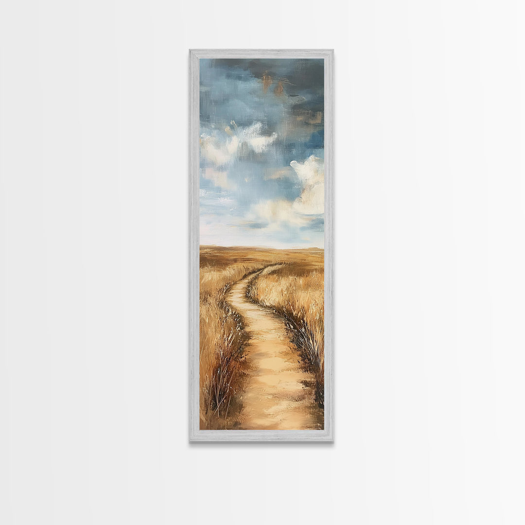 Serene Rural Path Framed Canvas Print landscape painting, farmhouse art, above couch art, rustic wall art, wabi sabi art, extra wide art, panoramic art, warm neutral wall art, barn landscape oil painting