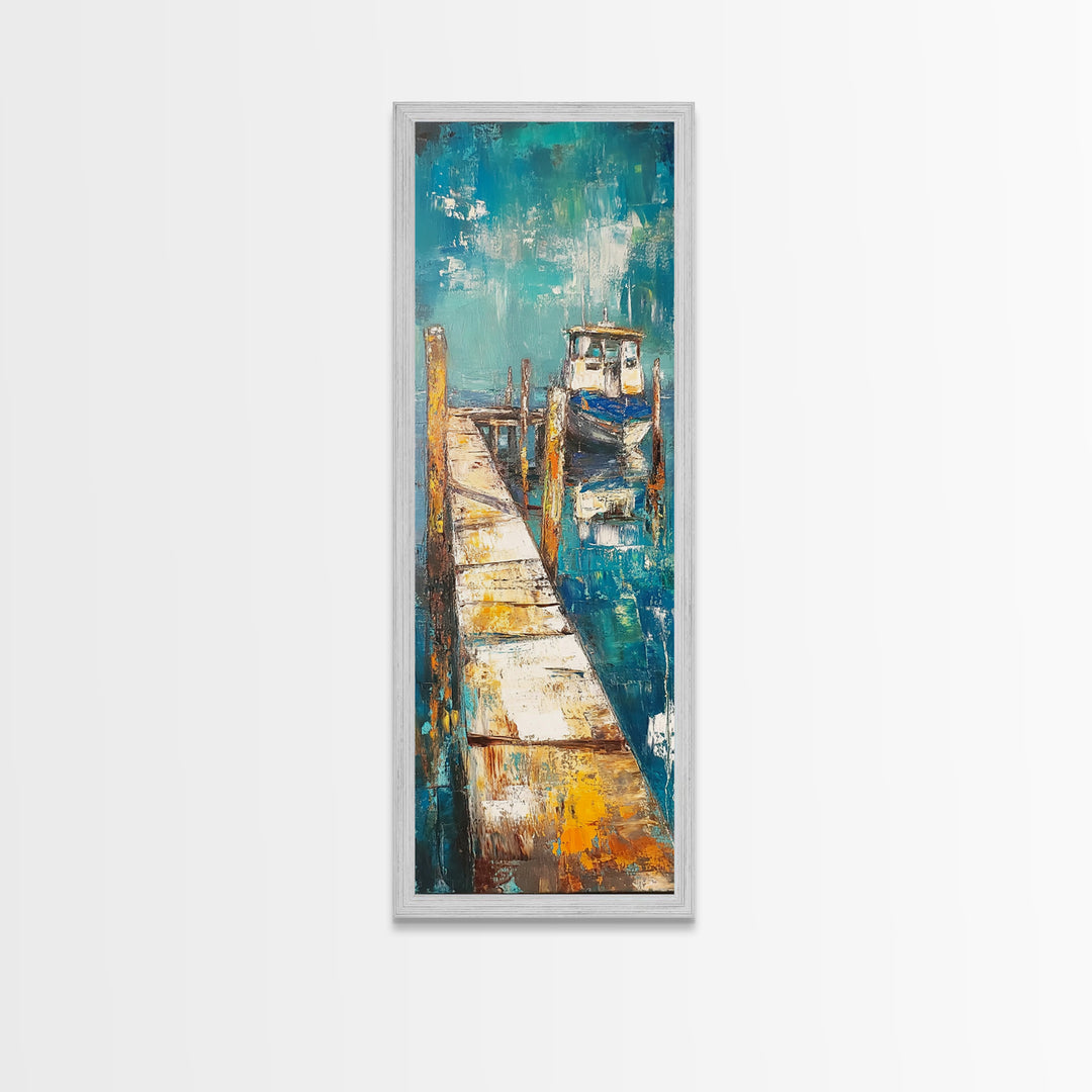 Coastal Dock Painting Canvas Print, Nautical Wall Art, Painting Morro Bay, Coastal Decor, Seascape Painting, Ocean Art, Rustic Art, Extra Wide Art, Farmhouse Art, Nautical Painting, Blue And Green Wall Art, Gift Idea, Bedroom Art
