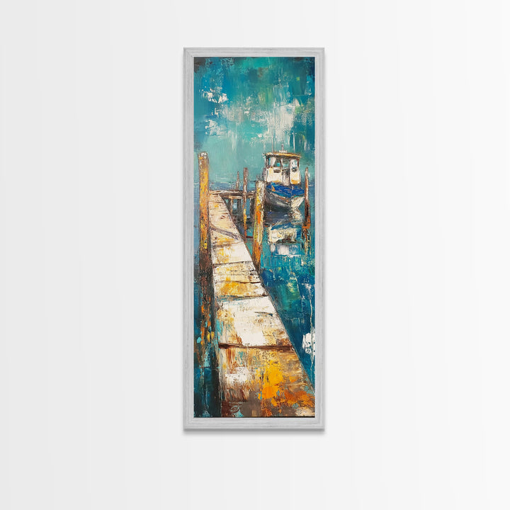 Coastal Dock Painting Canvas Print, Nautical Wall Art, Painting Morro Bay, Coastal Decor, Seascape Painting, Ocean Art, Rustic Art, Extra Wide Art, Farmhouse Art, Nautical Painting, Blue And Green Wall Art, Gift Idea, Bedroom Art