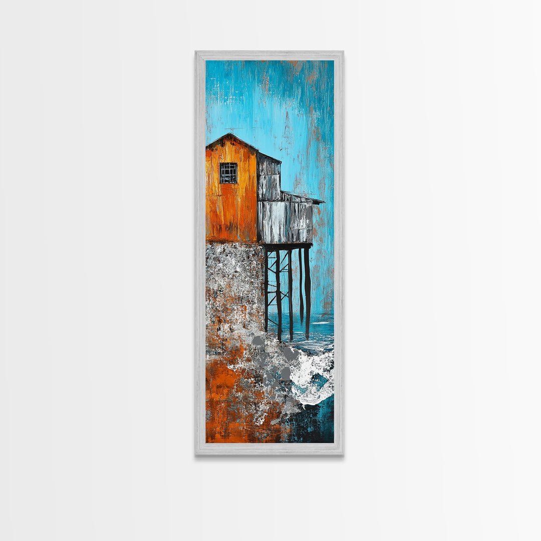 Rustic Stilt House Coastal Canvas Print Coastal Wall Art Nautical Painting Seascape Painting Blue And Green Wall Art Nautical Decor