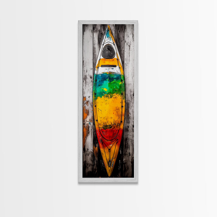 Vibrant Canoe Painting Canvas Print Coastal Landscape Art Nautical Decor Rustic Wall Art Living Room Art Tall Narrow Art