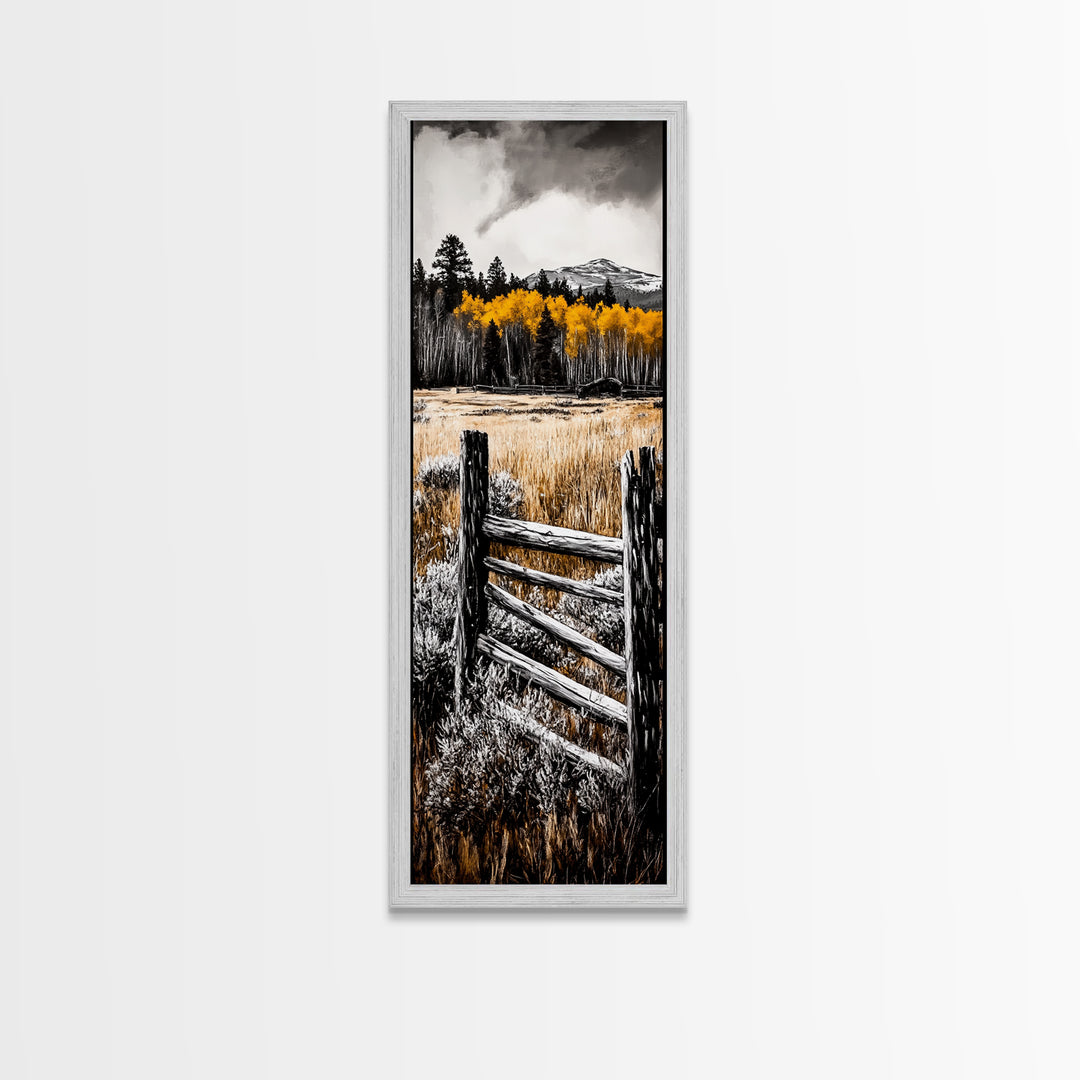 Rustic Mountain Fence Framed Canvas Print, Birch Tree Art, Fall Landscape Painting, Moody Art, Farmhouse Art, Above Sofa Art