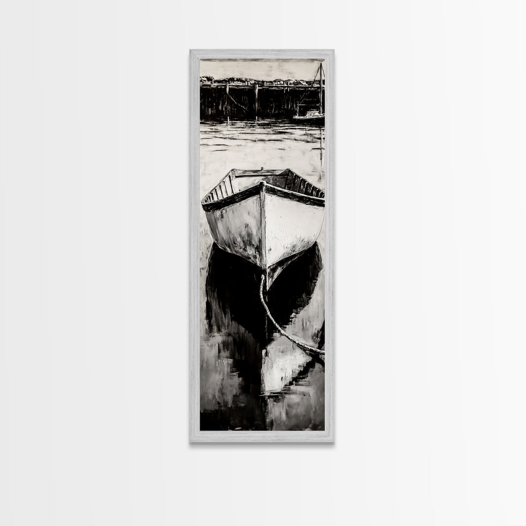 Monochrome Boat Reflection Framed Canvas Print nautical painting moody art coastal wall art nautical wall art gift idea for him