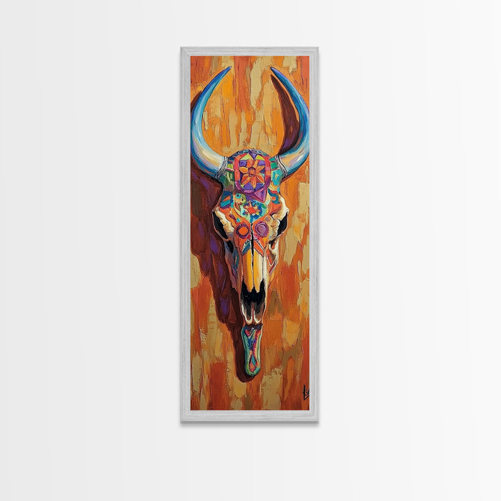 Vibrant Skull Art Framed Canvas Print, Western Wall Art, Skull Art, Boho Art, Southwest Decor, Moody Art, Rustic Wall Art, Halloween Art