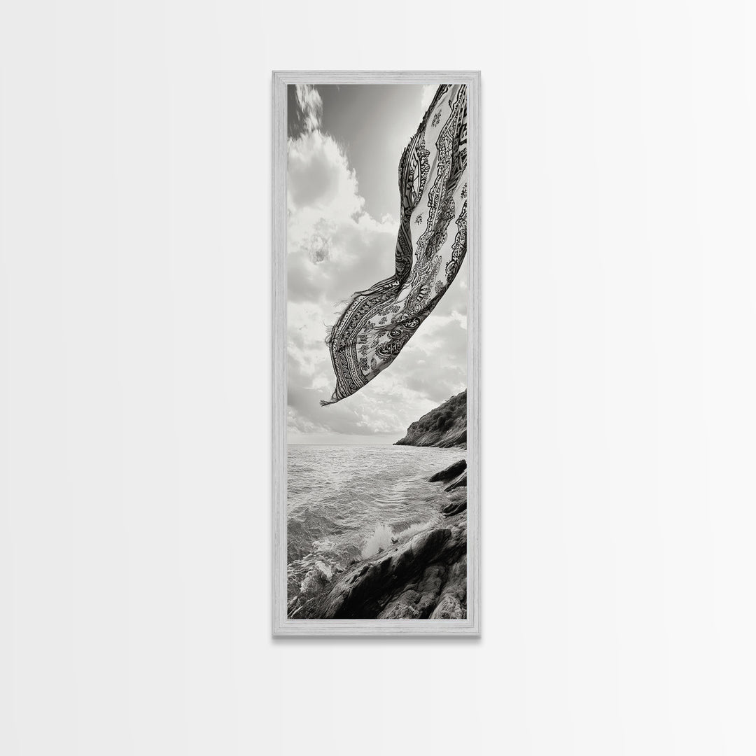 Flowing Fabric Over Ocean, Framed Canvas Print, wabi sabi art, coastal decor, boho art, minimalist art, above couch art, panoramic painting