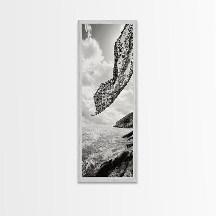 Flowing Fabric Over Ocean, Framed Canvas Print, wabi sabi art, coastal decor, boho art, minimalist art, above couch art, panoramic painting