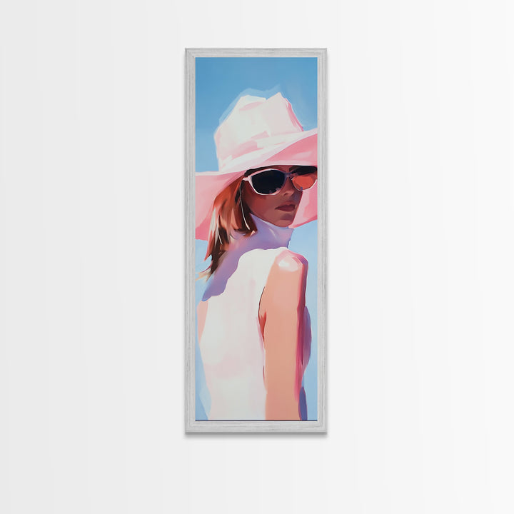Chic Woman in Pink Hat Light Pink Wall Art Framed Canvas Print Fashion Illustration Modern Home Decor Bedroom Art