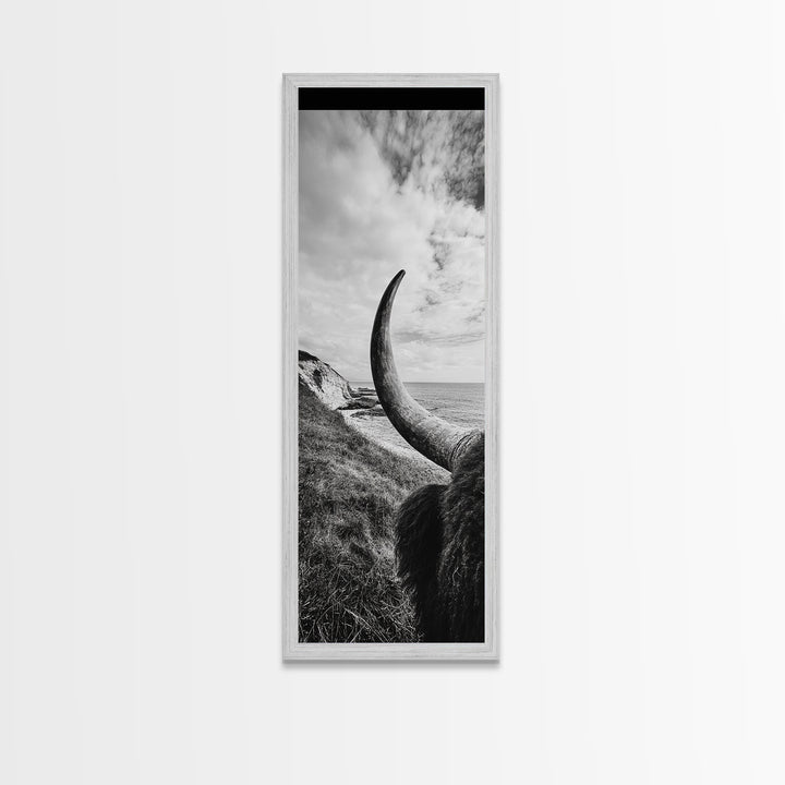 Highland Bull, Coastal Landscape, Framed Canvas Print, rustic decor, mountain painting, farmhouse art, moody art, wabi sabi wall art