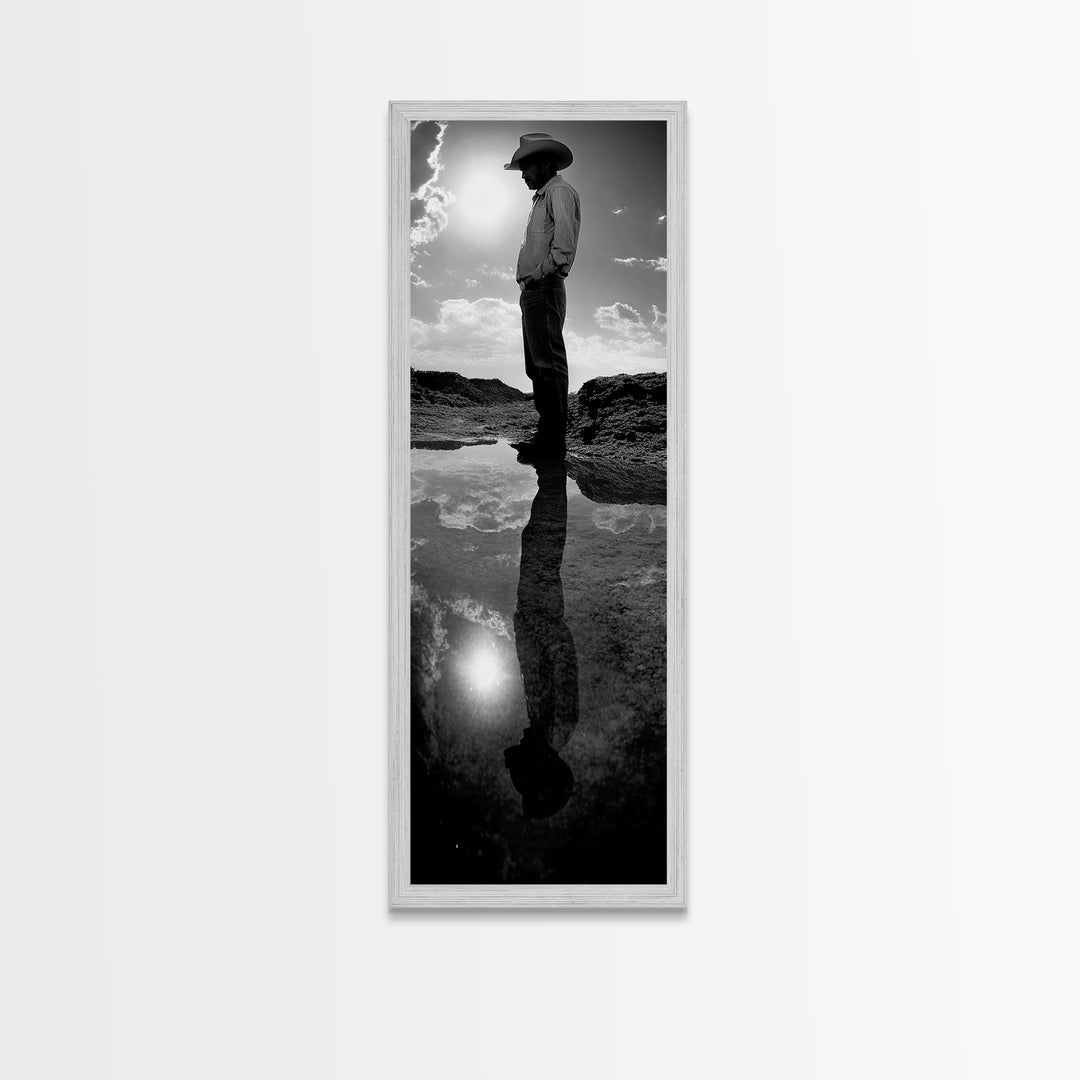 Lone Cowboy, Reflection Photography, Framed Canvas Print, Rustic Art, Moody Wall Art, Extra Wide Art, Southwest Wall Art