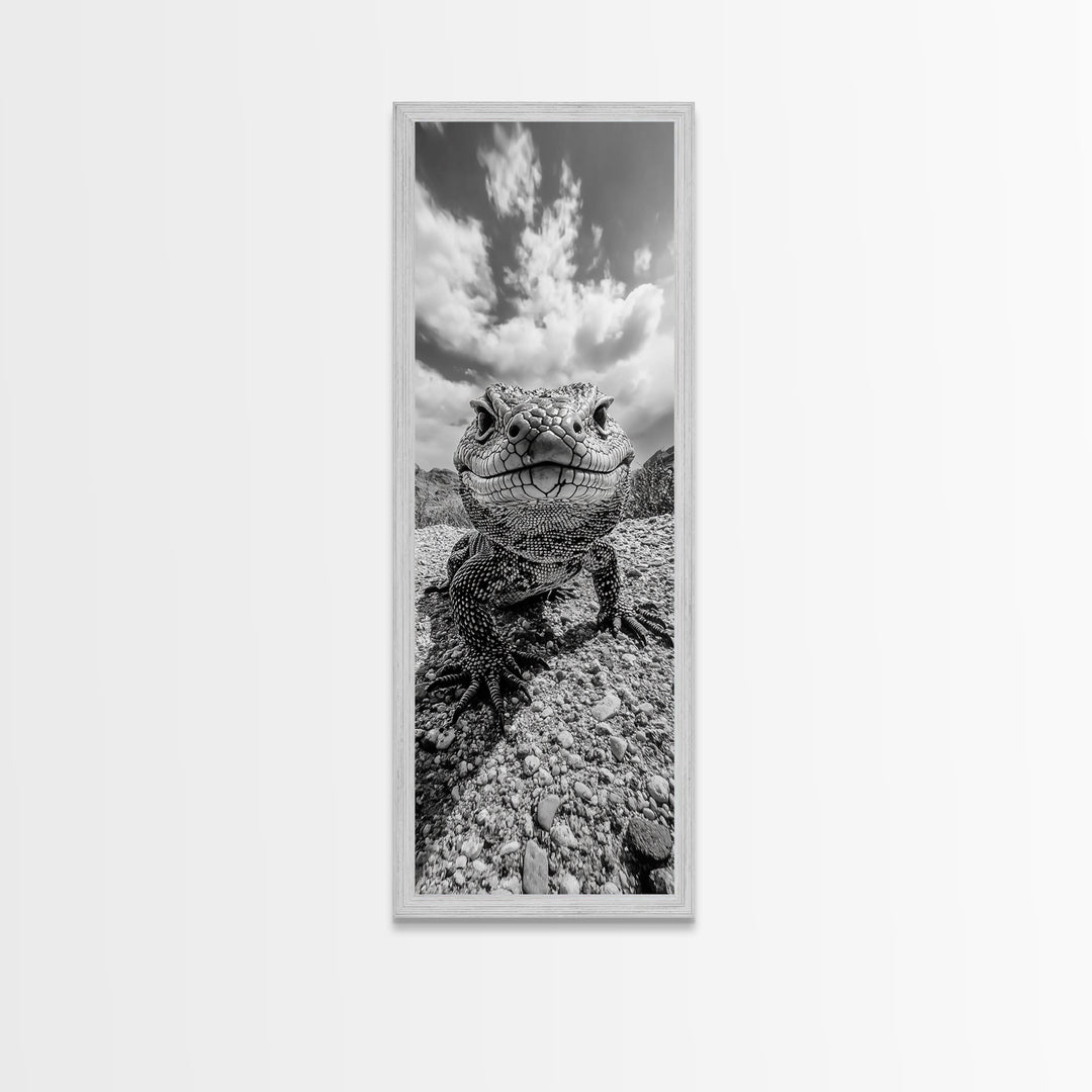 Lizard Close-Up, Framed Canvas Print, wildlife photography, rustic wall art, southwest wall art, desert animal art, black and white home decor
