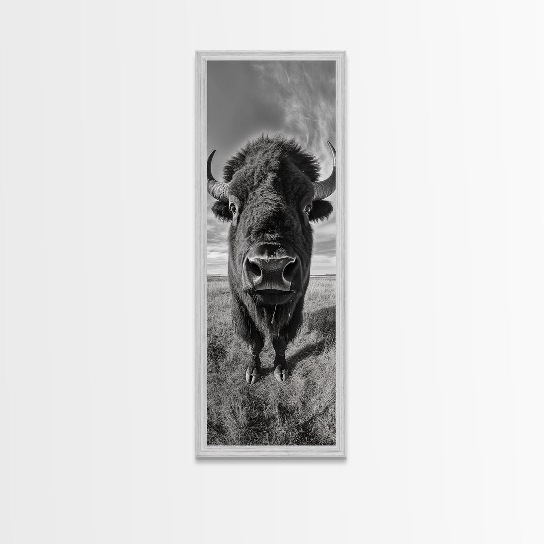 Majestic Bison Close-Up, Framed Canvas Print, rustic wall art, cowboy home décor, wildlife photography, farmhouse art, black and white photography