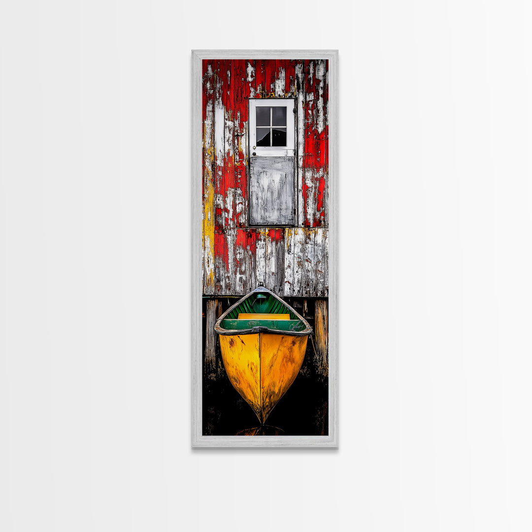 Rustic Barn Boat Reflection Painting Framed Canvas Print | Nautical Wall Art | Rustic Decor | Coastal Painting | Maine Oil Painting