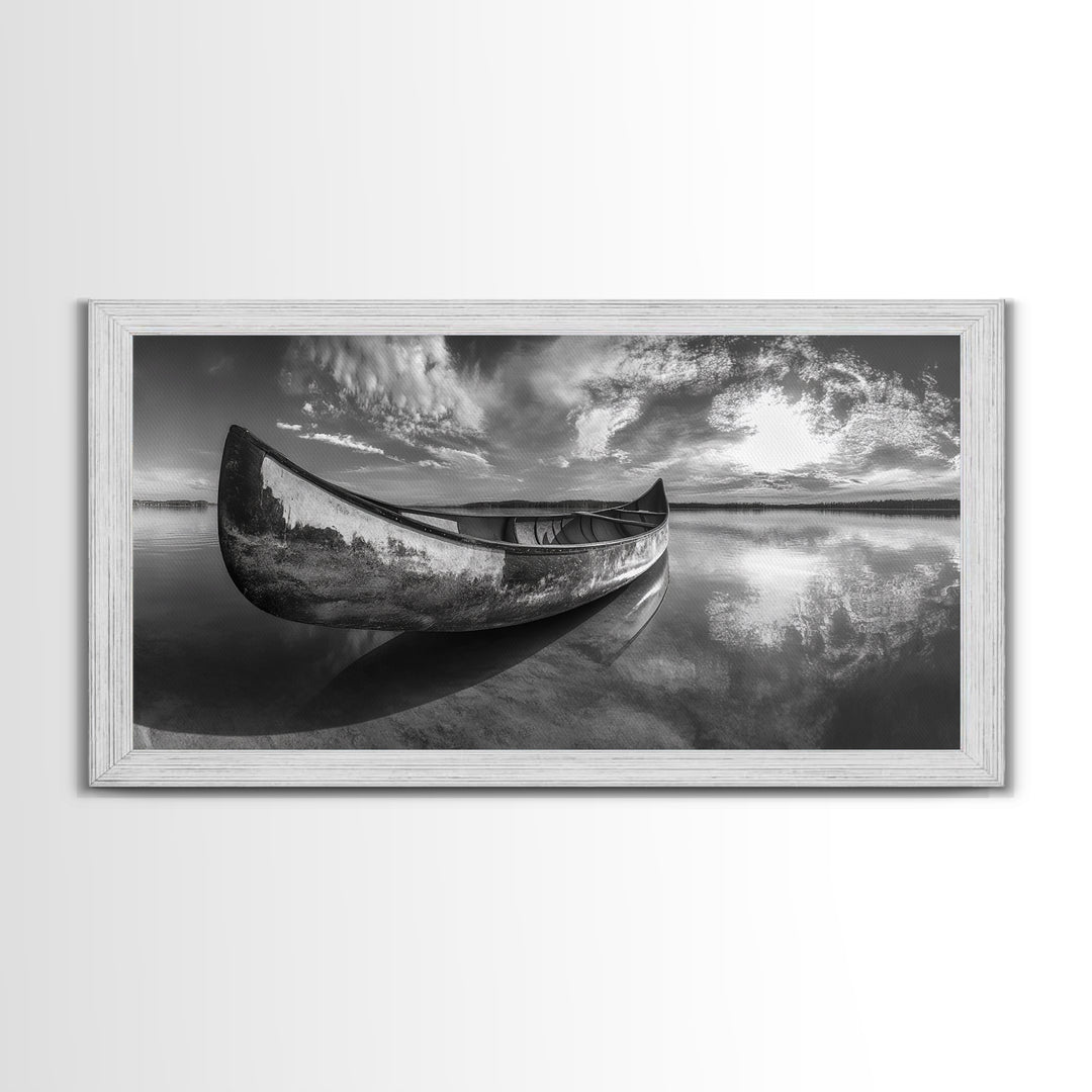 Canoe, Nautical Decor, Lake Tahoe Art, Coastal Wall Art, Above Couch Art, Rustic Art, Panoramic Painting, Framed Canvas Print