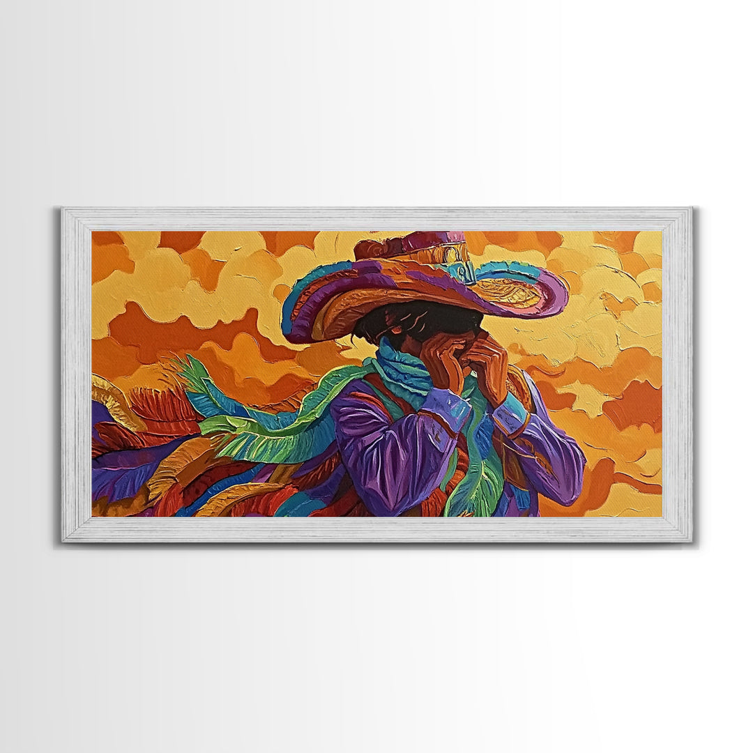 Bold Cowboy Portrait, western art, chicano art, rustic wall art, southwest wall art, moody art, colorful oil painting, canvas print