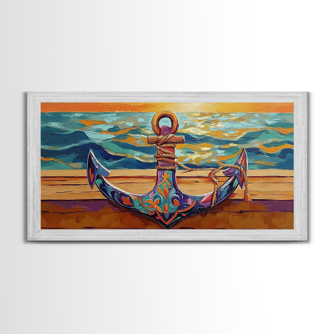 Anchor at Sunset, nautical painting, coastal decor, ocean art, framed canvas print, above sofa art, beach house decor, seascape