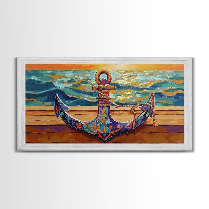 Anchor at Sunset, nautical painting, coastal decor, ocean art, framed canvas print, above sofa art, beach house decor, seascape