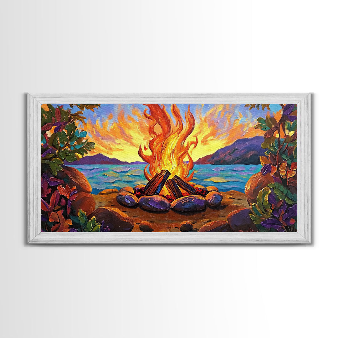 Campfire by Lake, bonfire painting, rustic wall art, mountain painting, framed canvas print, above sofa art, cozy night decor