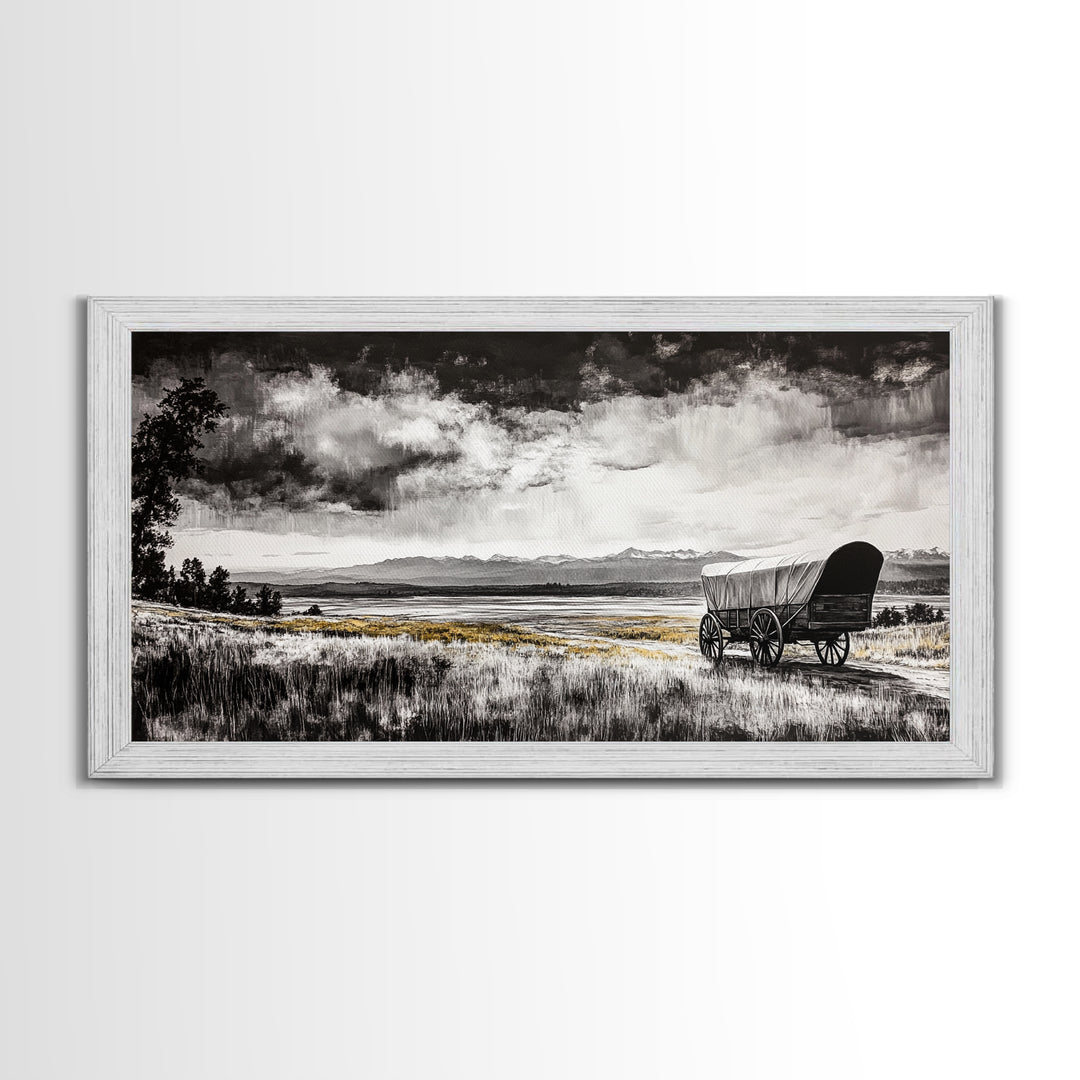 Covered Wagon, barn landscape oil painting, rustic wall art, farmhouse decor, panoramic art, smoky mountain art, Framed Canvas Print, landscape