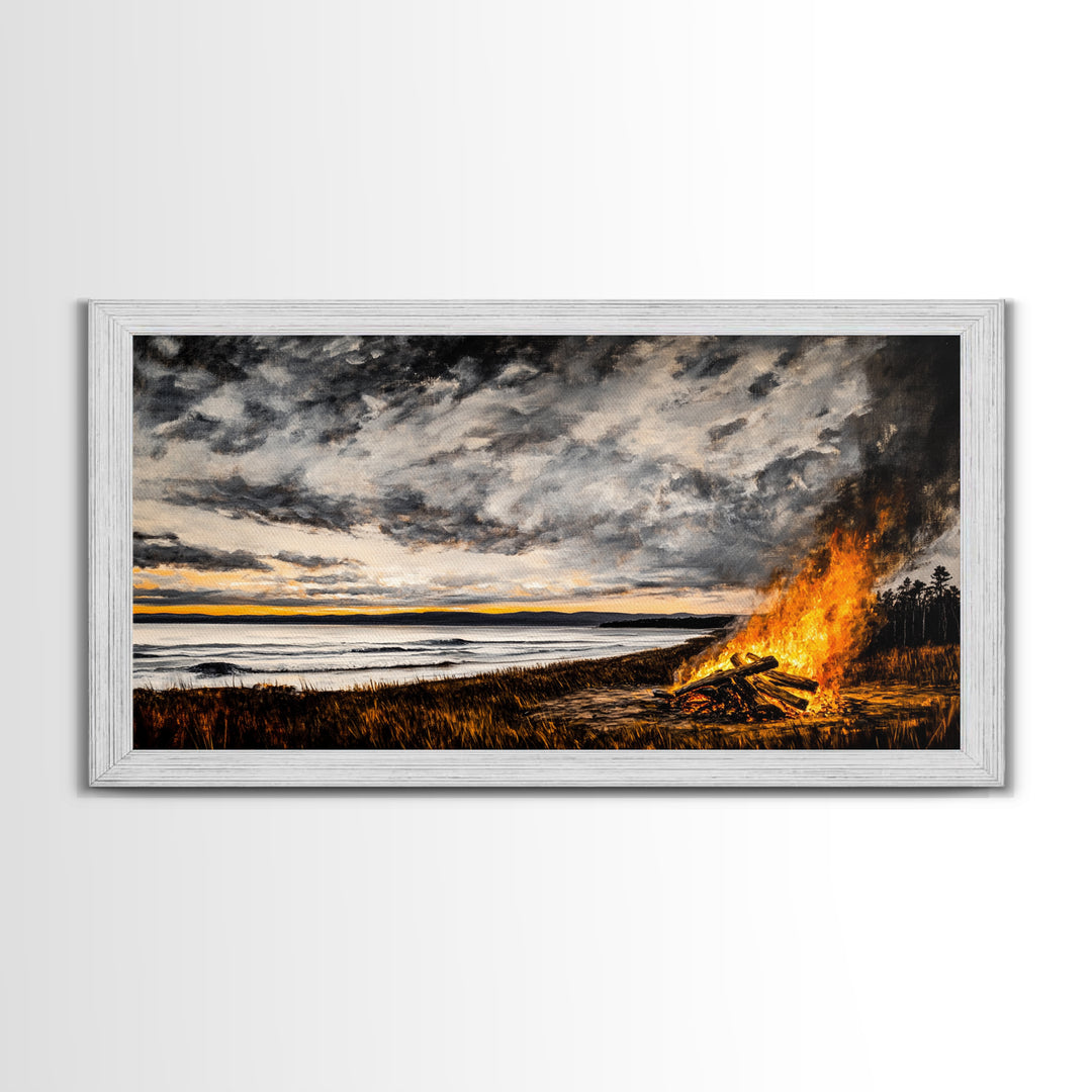 Campfire, forest at dusk painting, smoky mountain art, extra wide art, autumn decor, wabi sabi art, Framed Canvas Print, above couch art