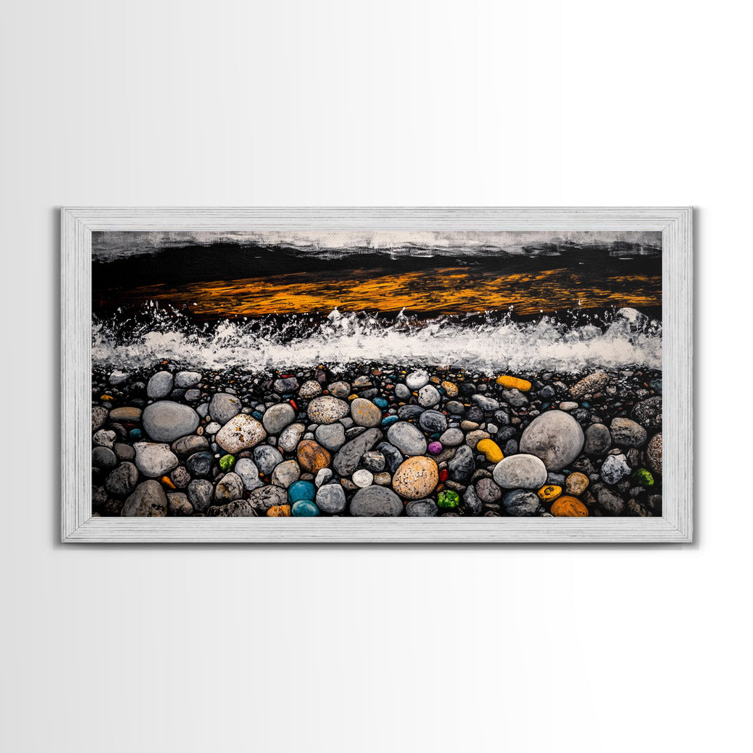 Pebble Beach, coastal landscape art, wabi sabi art, rustic decor, moody art, panoramic painting, seascape painting, Framed Canvas Print, zen art