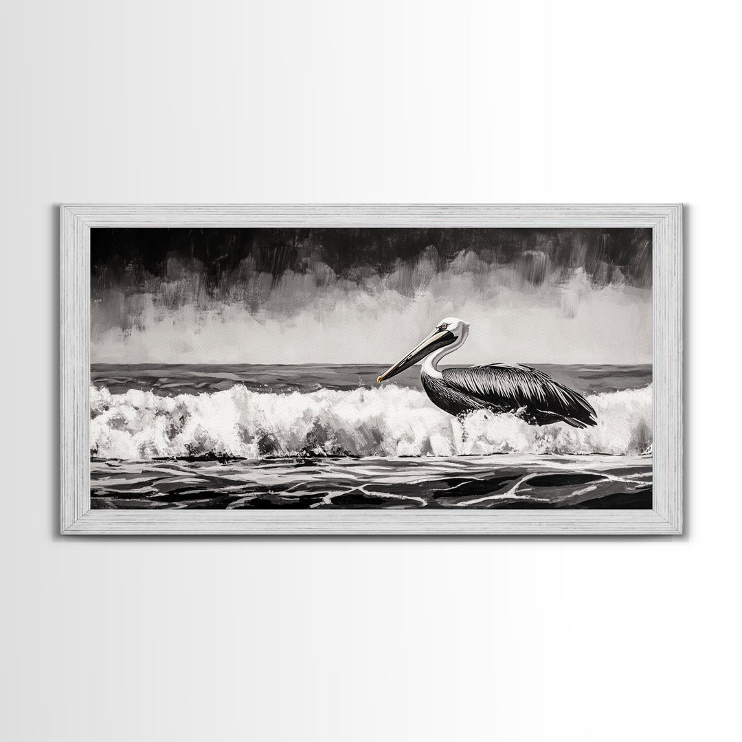 Pelican, coastal wall art, nautical painting, black and white art, seascape painting, ocean bird, Framed Canvas Print, beach decor