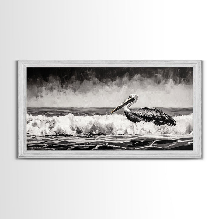 Pelican, coastal wall art, nautical painting, black and white art, seascape painting, ocean bird, Framed Canvas Print, beach decor