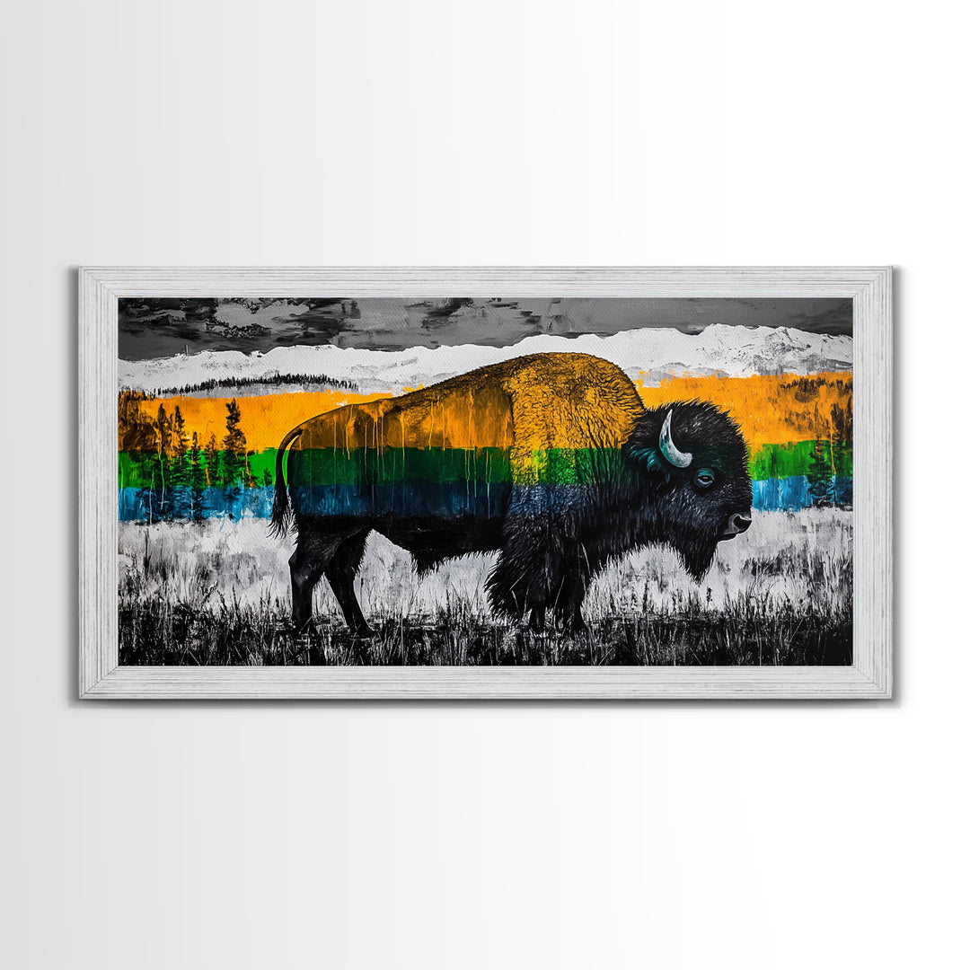 Bison, rustic wall art, mountain painting, western decor, wildlife art, Joshua tree art, extra wide art, Framed Canvas Print, moody art