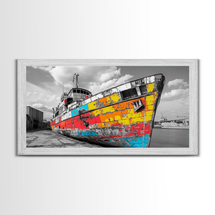 Colorful Rusted Ship Canvas Print | Nautical Wall Art | Coastal Painting | Moody Art | Extra Wide Art | Above Sofa Art | Wabi Sabi Art